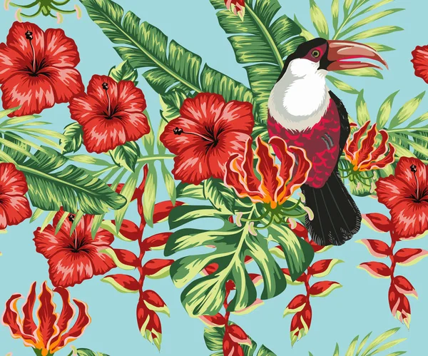Beau Vecteur Sans Couture Motif Floral Été Fond Avec Toucan — Image vectorielle