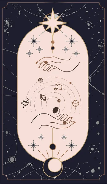 코스모스 카드는 만들어 Boho 스타일의 단순하고 형태로 우주의 카드와 상징물을 — 스톡 벡터
