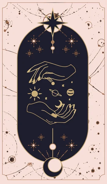Kozmos tarot kartları Tanrı tarafından yaratılır. Elleri düz ve esrarengiz bir Boho tarzında ayarlanmış. Gezegensel bir kozmik yıldız, altın, pembe ve pembe kartlar gibi çeşitli sembollere sahip özel logo koleksiyonu.