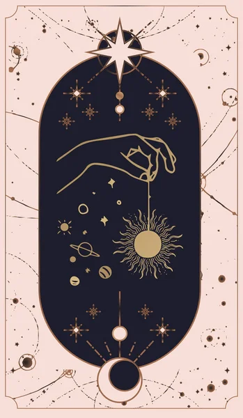 コスモスのタロットカードは神の手によって作成されます 単純なフラット密教ボホ式に設定されています 惑星の宇宙の星や金やピンクのカードやピンクのカードなどの様々な記号を持つロゴの密教コレクション — ストックベクタ
