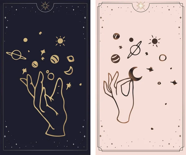 Kozmos tarot kartları Tanrı tarafından yaratılır. Elleri düz ve esrarengiz bir Boho tarzında ayarlanmış. Gezegensel bir kozmik yıldız, altın, pembe ve pembe kartlar gibi çeşitli sembollere sahip özel logo koleksiyonu.