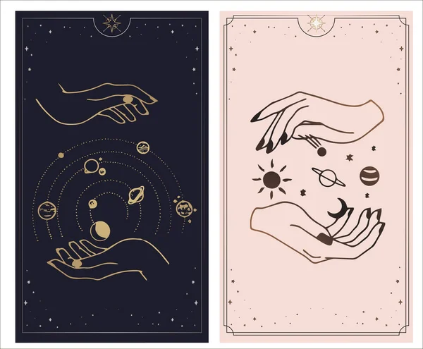宇宙塔罗牌是由上帝创造的 手设置在一个简单的平面深奥的Boho风格 带有各种符号的神秘商标收藏 如行星宇宙之星 粉色和粉色卡片 — 图库矢量图片