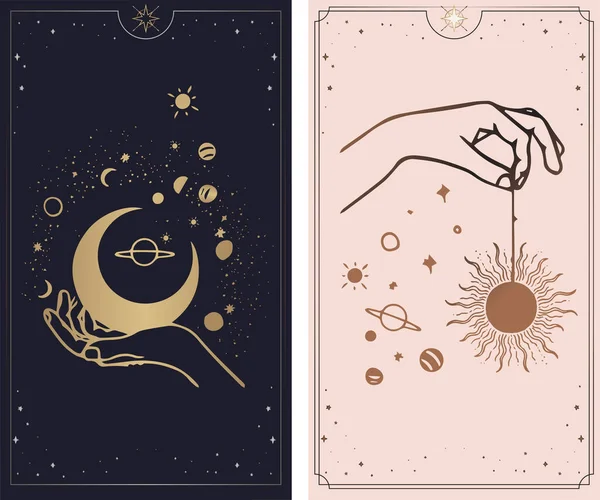 宇宙塔罗牌是由上帝创造的 手设置在一个简单的平面深奥的Boho风格 带有各种符号的神秘商标收藏 如行星宇宙之星 粉色和粉色卡片 — 图库矢量图片