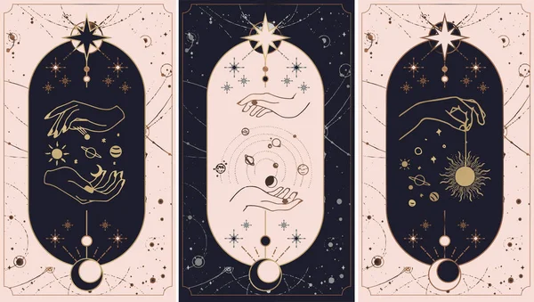 Kozmos tarot kartları Tanrı tarafından yaratılır. Elleri düz ve esrarengiz bir Boho tarzında ayarlanmış. Gezegensel bir kozmik yıldız, altın, pembe ve pembe kartlar gibi çeşitli sembollere sahip özel logo koleksiyonu.