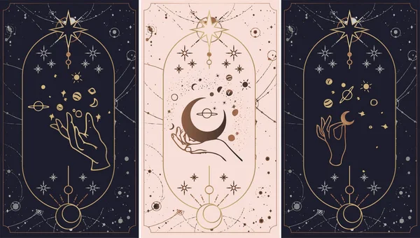 Las Cartas Del Tarot Cosmos Son Creadas Por Las Manos — Archivo Imágenes Vectoriales