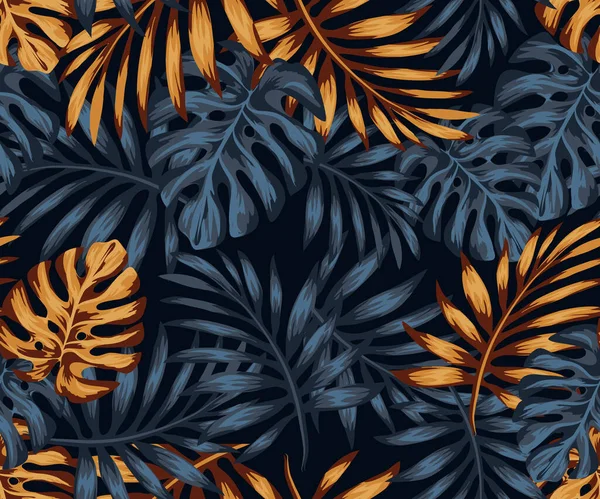 向量无缝图案 金黄色和黑色的热带叶子在黑暗的背景 化妆品 纺织品 夏威夷风格衬衫的异国植物学背景设计 最好像包装纸 — 图库矢量图片