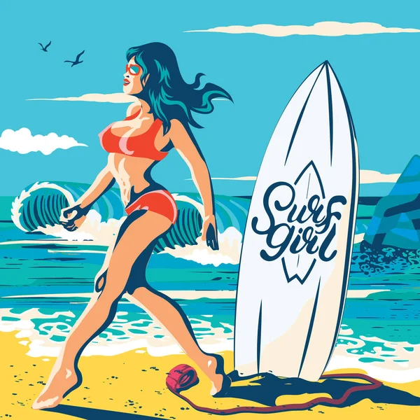 Surfer Meisje Gaat Naar Golven Vangen Het Strand — Stockvector