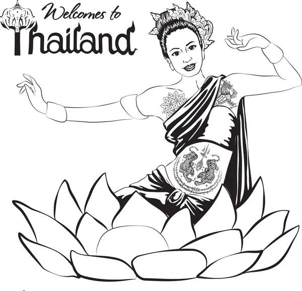 Tailandia Chica Bienvenida Traje Tradicional Danza Tailandesa Chica Tailandesa Lotus — Vector de stock