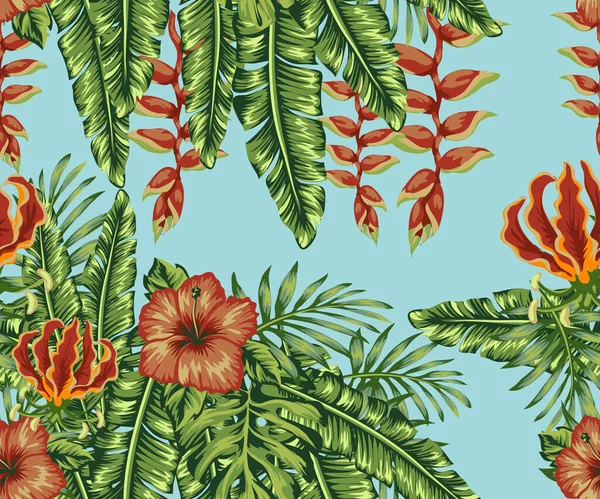 热带生机勃勃的图案 棕榈叶和奇异的花朵在明亮的背景上 观赏植物 绿色夏季热带背景 有奇异的棕榈叶和芙蓉花 — 图库矢量图片