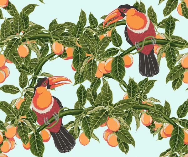 Retro Summer pattern in vector, Tropical flowers and toucan birds mangoes on vines. exotic background, for banners or cards, design of fabric and wrapping paper