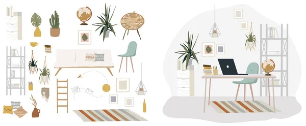 Minimale Moderne Boheemse Stijl Interieur Decoratie Illustratie Van Meubels Planten — Stockvector