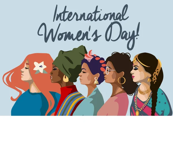 Dia Internacional Mulher Ilustração Vetorial Com Diferentes Nacionalidades Culturas Luta — Vetor de Stock