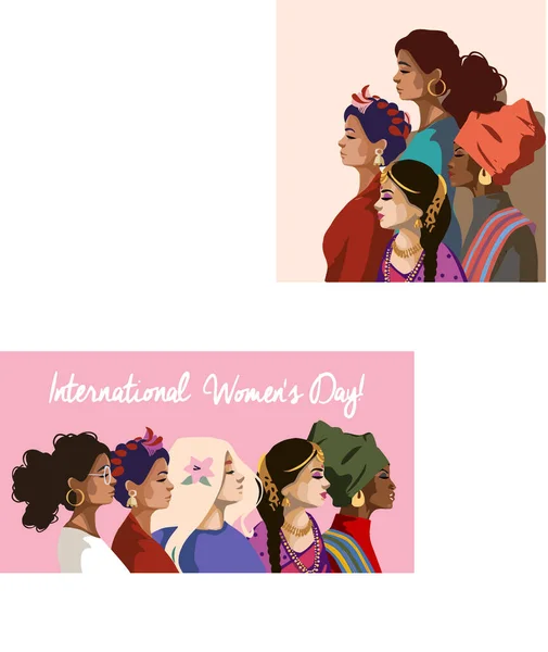Mulheres Diferentes Nacionalidades Culturas Unidas Amizade Feminina União Feminista Irmandade — Vetor de Stock