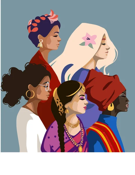 Farklı milletlerden ve kültürlerden kadınlar bir arada duruyorlar. Kadın arkadaşlığı, feminist birlik ya da kardeşlik. Kadınların güçlendirme hareketi konsepti. Uluslararası Kadınlar Günü.