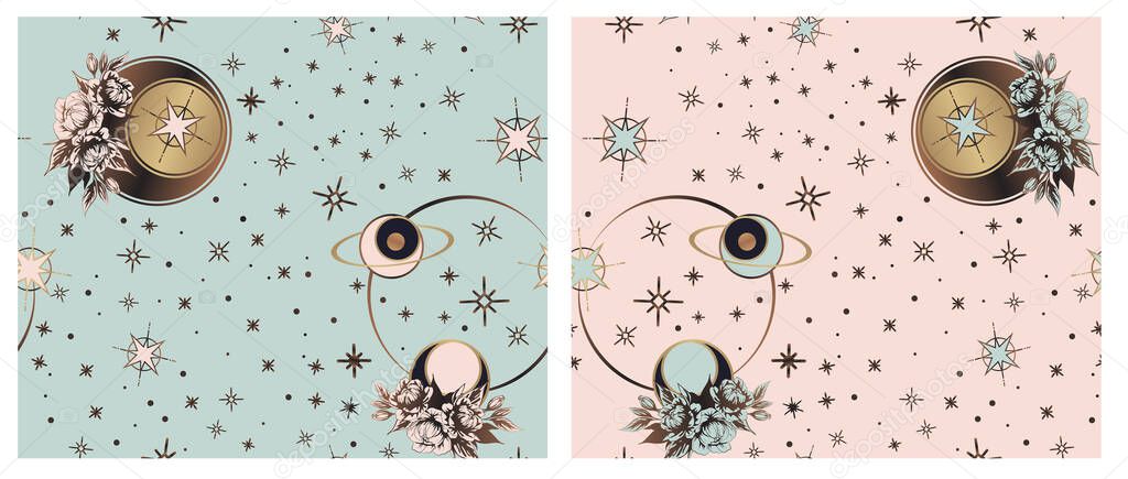 Astrology Cosmos pattern Hands in boho simple flat esoteric style. Esoteric collection of patterns with various symbols, such as the cosmic star of the planet, gold and pastel colors.