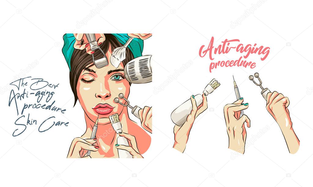 Microcurrents line. Dermal roller, cosmetologist tool, needles. Beauty care concept. vector illustration isolated can be used for topics like cosmetology, skin care, anti-aging therapy ,The concept of cosmetology and dermatolog