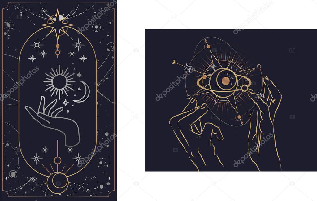 Feminine hand logo collection with different symbol like space star planet, floral herb, moon and sun, heart love, eye, fire, drop