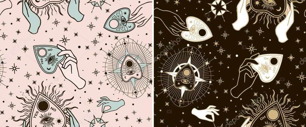 Set seamless pattern. Vintage Fortune. Hands with ouija. Sketch graphic illustration with mystic and occult hand drawn symbols. Vector Halloween illustration, astrological and esoteric concept.