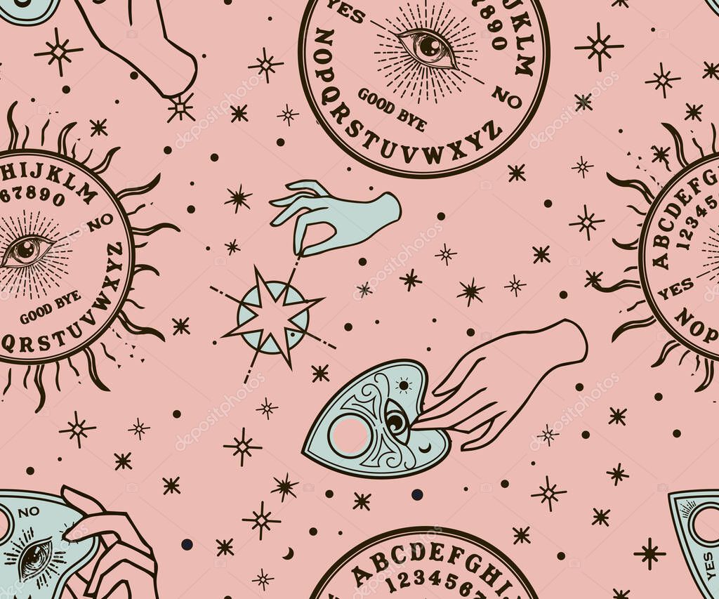 Seamless pattern. Vintage Fortune Hands with ouija. Sketch graphic illustration with mystic and occult hand drawn symbols. Vector Halloween illustration, astrological and esoteric concept.