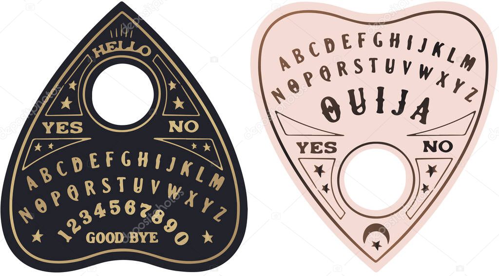 Ouija planchette with eye of providence line art, vector illustration isolated on white. Sketch style hand drawn. Element for halloween or pagan witchcraft theme.