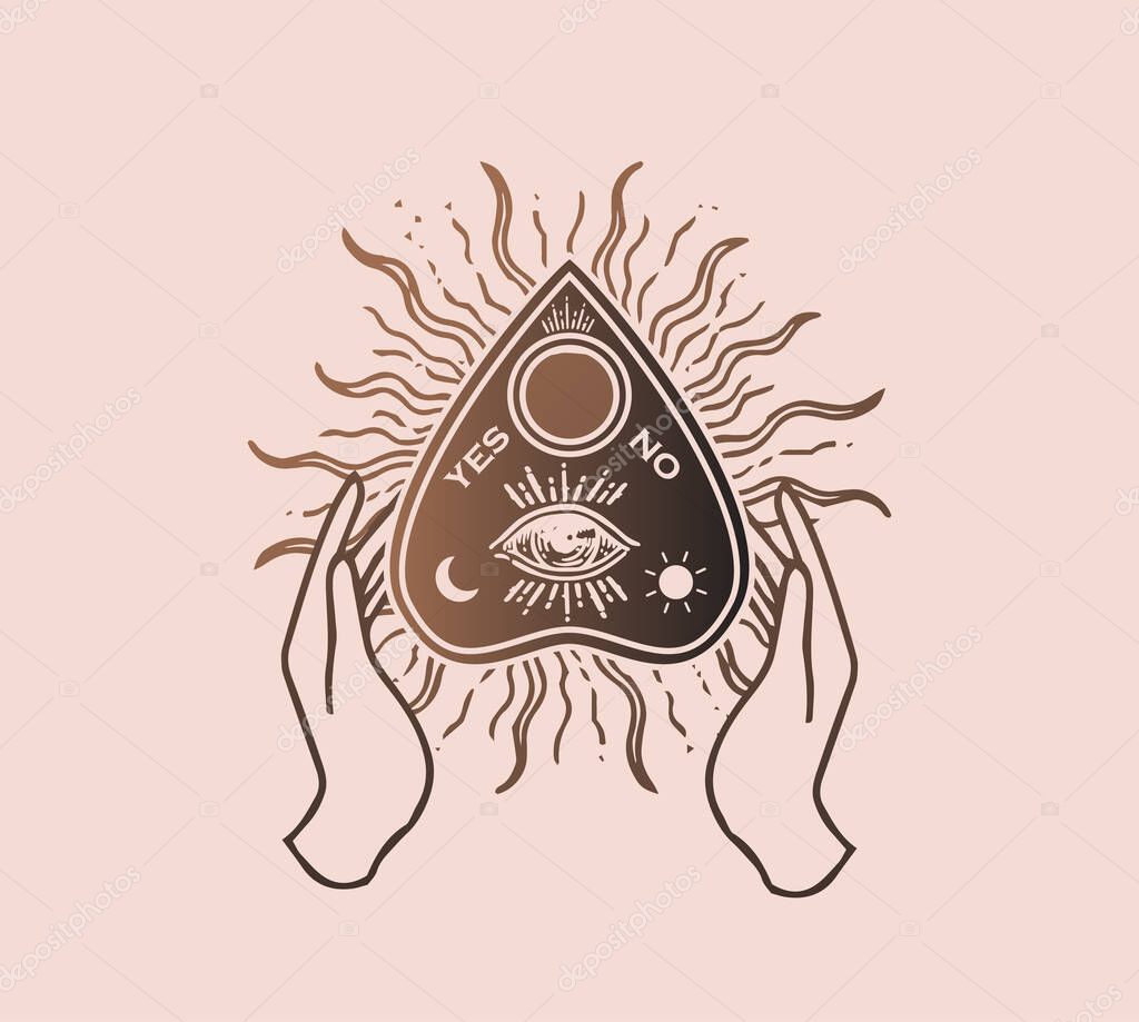 Ouija planchette with eye of providence line art, vector illustration isolated on white. Sketch style hand drawn. Element for halloween or pagan witchcraft theme.
