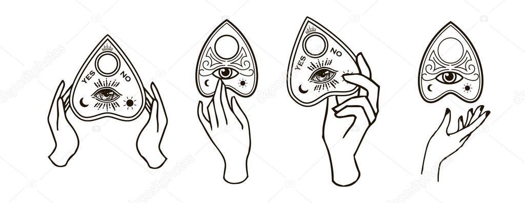 Ouija planchette with eye of providence line art, vector illustration isolated on white. Sketch style hand drawn. Element for halloween or pagan witchcraft theme.