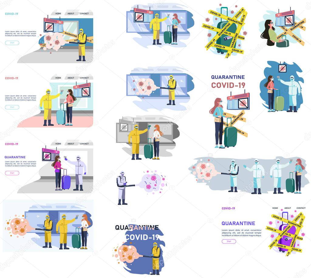 Coronavirus covid-19. People at the airport. Vector flat illustration. Display board Cancelled. Airport suspends all flights quarantine. Ban Arrivals and departures aircraft