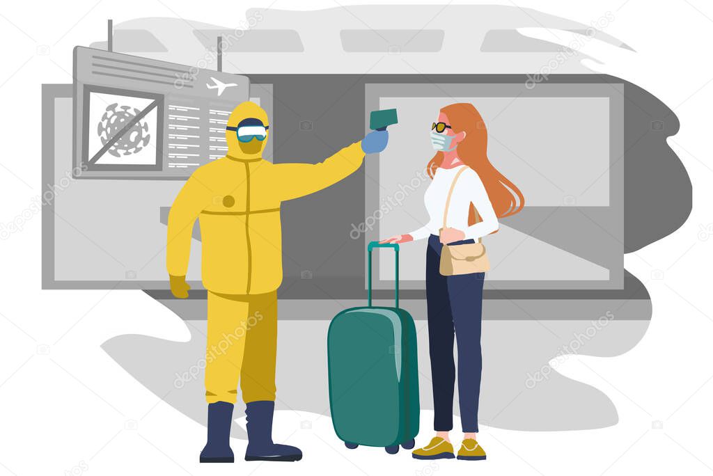Coronavirus covid-19. People at the airport. Vector flat illustration. Display board Cancelled. Airport suspends all flights quarantine. Ban Arrivals and departures aircraft