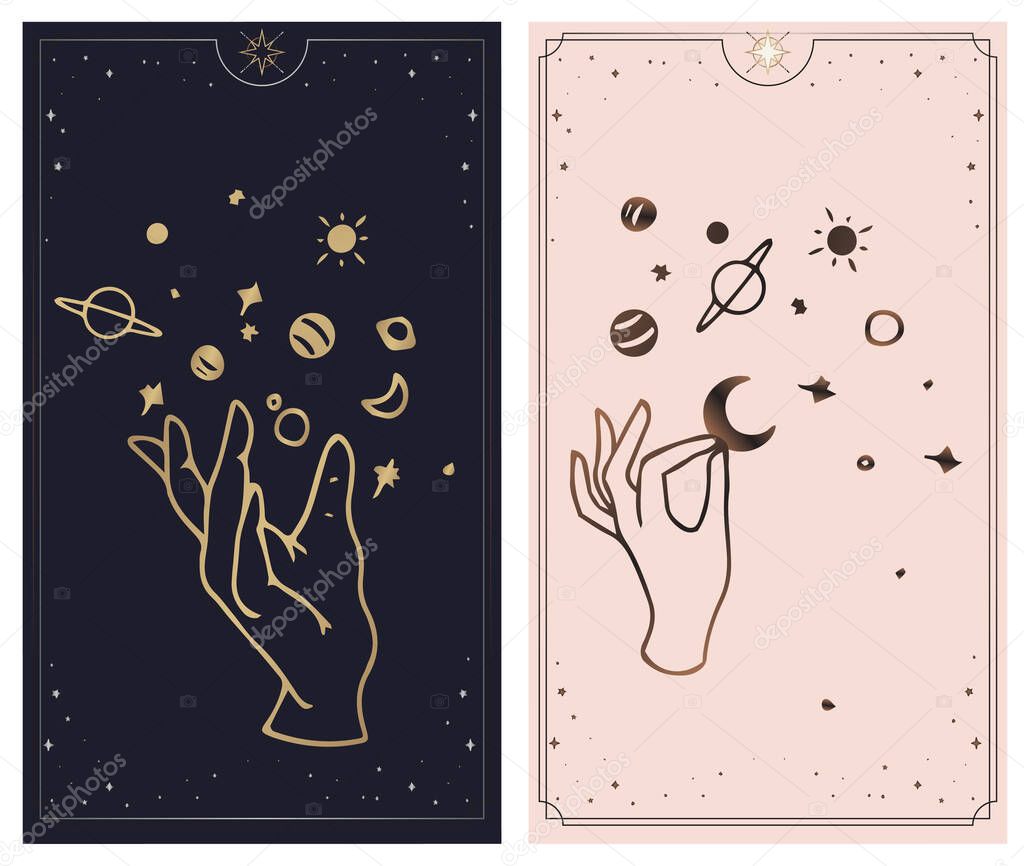 Cosmos tarot cards are created by the hands of God. Hands are set in a simple flat esoteric Boho style. esoteric collection of logos with various symbols such as a planetary cosmic star, gold and pink and pink cards
