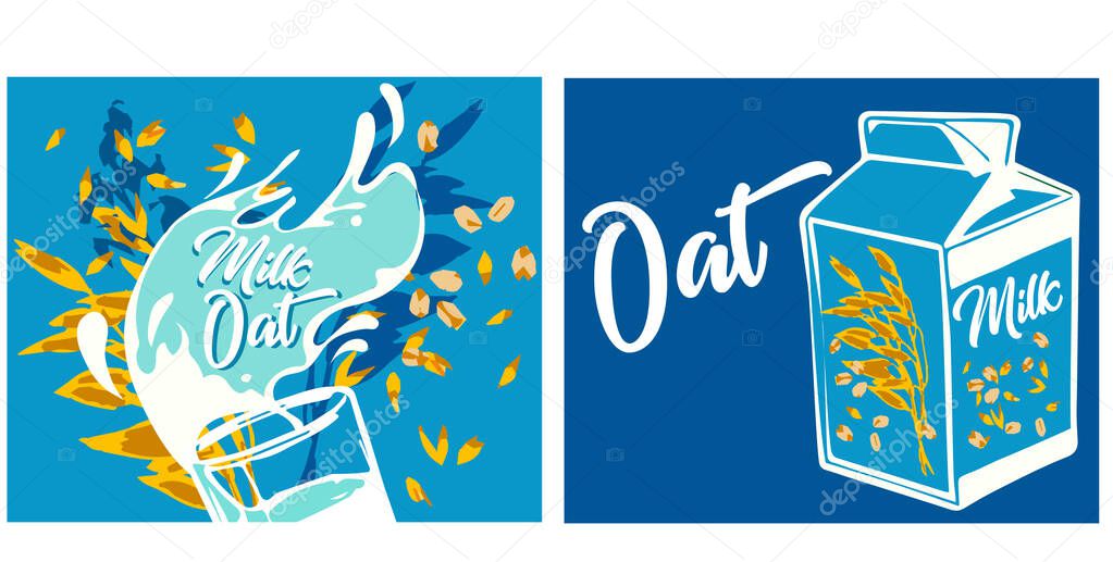 Vegan milk. Vegan milk: soy, rice, oatmeal, coconut, cashew, almonds. Lactose free. Agricultural product. Vector illustration of a healthy drink in cartoon flat style.