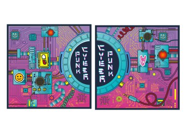 Geçmişe dönük oyunlar, teknoloji, soyut poster, modern el ilanları, retro bilim siber robotları mekanizmaları ve uzay aracı pop sanatının ayrıntıları içeren fütüristik poster.