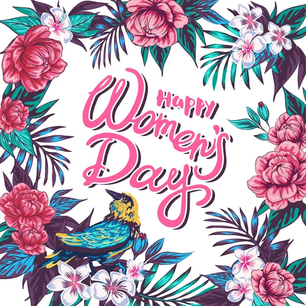 Menina Bonita Com Flores Pássaros Dia Março Panfleto Cartão Saudação — Vetor de Stock