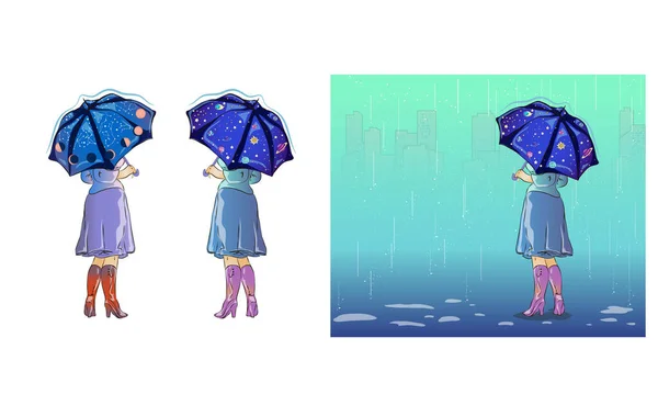 ジャケットを着て傘の下を歩く高いブーツを身に着けている愛らしい女性 少女は白い背景に隔離された 秋の季節の雨の天気 フラット漫画スタイルのカラフルなベクトル — ストックベクタ