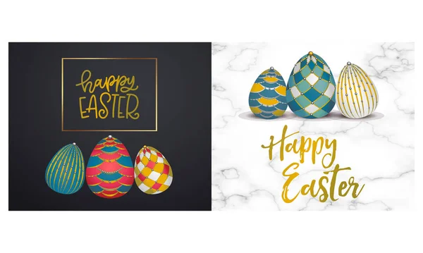 Set Kaarten Met Inscriptie Happy Easter Gouden Geschilderde Paaseieren Een — Stockvector