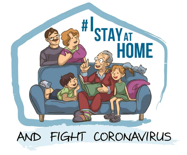 Cartel Motivacional Sobre Brote Coronavirus Familia Padres Hijos Abuelos Mascotas — Archivo Imágenes Vectoriales