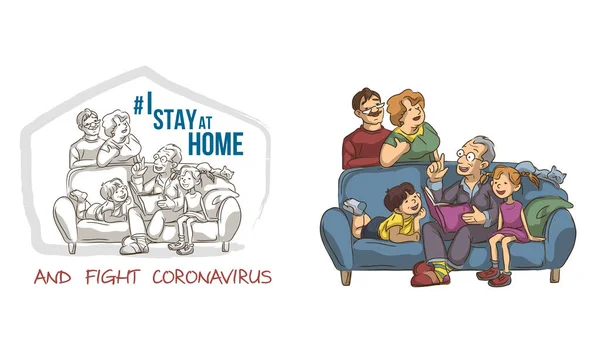Cartel Motivacional Sobre Brote Coronavirus Familia Padres Hijos Abuelos Mascotas — Archivo Imágenes Vectoriales