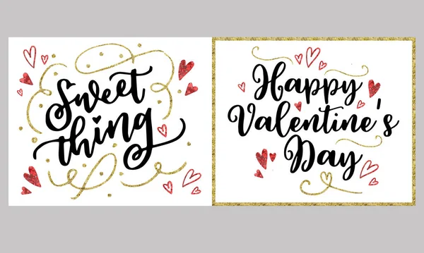 Set Tarjetas Felicitación San Valentín Con Letras Felicitación Manuscritas Pinceladas — Vector de stock