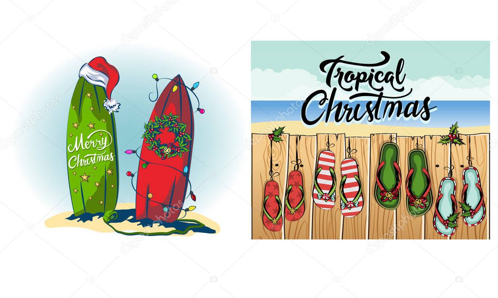 decar surfboards for christmas and new year, decarings from light garlands and holly woven wreath for christmas, tropical beach on vacation