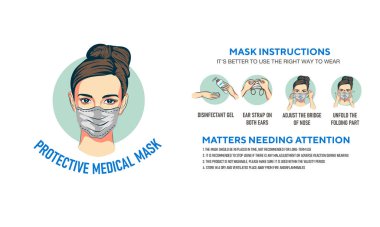 Endişe dolu bir kadın şakası. Sağlıklı kadınlar bulaşıcı hastalıklara ve gribe karşı koruyucu maske takarlar. Enfeksiyonu durdur. Sağlık hizmeti konsepti. Vektör illüstrasyonu beyazda izole edildi.