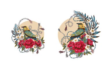 Çiçeklerin ve kuşların zarif desenleri 80 'lerin şaşaalı kuşları, şık kuş zincirleri pahalı arka planda güzel çiçekler