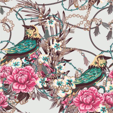 Çiçeklerin ve kuşların zarif desenleri 80 'lerin şaşaalı kuşları, şık kuş zincirleri pahalı arka planda güzel çiçekler
