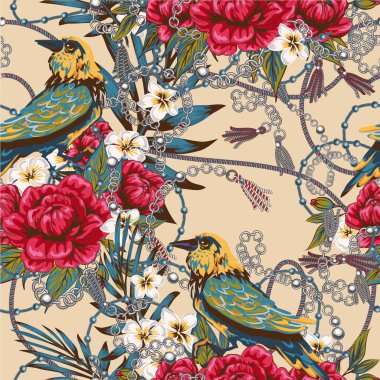 Çiçeklerin ve kuşların zarif desenleri 80 'lerin şaşaalı kuşları, şık kuş zincirleri pahalı arka planda güzel çiçekler