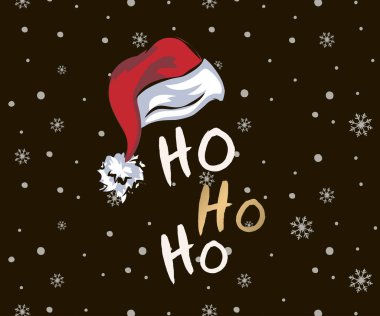 Kare Noel kartı. Konuşma balonu, kar taneleri, Noel Baba bıyığı ve el yazısı Ho-ho-ho, kırmızı, beyaz. Noel ve Yeni Yıl kartı, tişört kompozisyonu, el yapımı vektör illüstrasyonu.