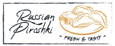 Rus turtası rengarenk çizimi. Rus mutfağının vektör çizimi. Rus mutfağı menüsü, siyah pano posteri ve Rus piroski..