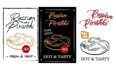 Rus mutfağı turtaları. Yemek menüsü tasarım elemanları. Geleneksel yemekler. Rus yemeği. Klasik el çizimi taslak vektör çizimi. Kurul menüsü. İşlenmiş biçim