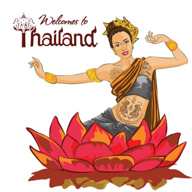 Taylandlı kız seni geleneksel Tayland dansı kostümüyle karşılıyor, Lotus 'taki Taylandlı kız seni karşılıyor.