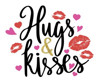 Kırmızı dudaklı el yazısı fırça harfleri. Beyaz arka planda izole edilmiş vektör ruj öpücükleri. Sevgililer Günü için XOXO, Sevgiler, Öpücük ve Muah cümleleri. Tipografi posteri, kart, etiket, pankart tasarımı.