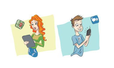 Cihazlarıyla çevrili genç adamlar. Bir sürü elektronik alet kullanan bir adam. Gençler telefon tableti kullanıyor ya da iletişim kuruyor