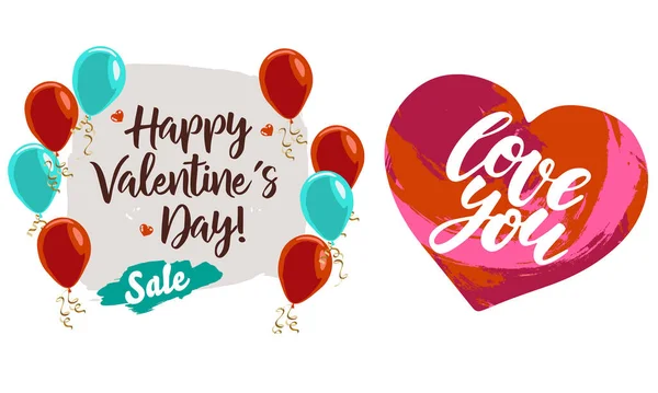 Set Biglietti Auguri San Valentino Con Lettere Auguri Scritte Mano — Vettoriale Stock