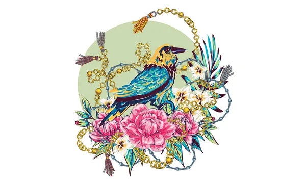 Elegantie Patroon Met Bloemen Vogels Pracht Van Jaren Chique Vogelkettingen — Stockvector